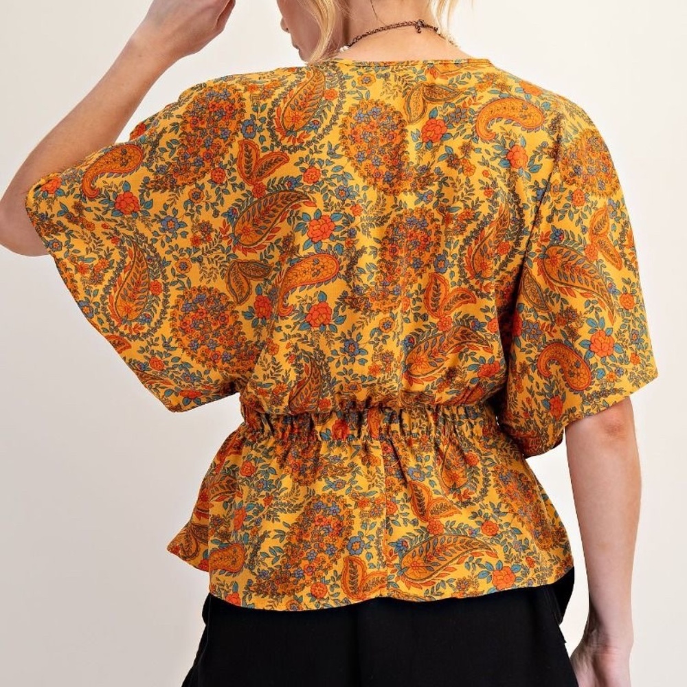 NEW EASEL PAISLEY PRINTED CREPE PEPLUM TOP BLOUSE SMALL BOHO RELAXED FIT - Picture 7 of 7